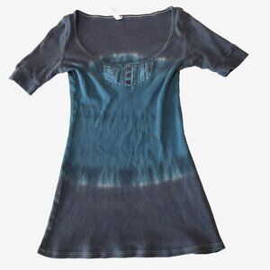Y2K Shirt Womens Medium Henley Babydoll Ribbed Tie Dye Fairy Grunge Surf USA Top